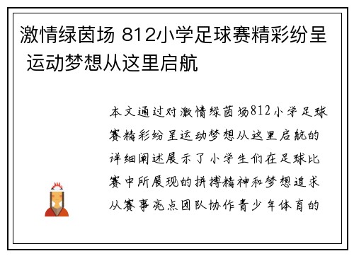 激情绿茵场 812小学足球赛精彩纷呈 运动梦想从这里启航